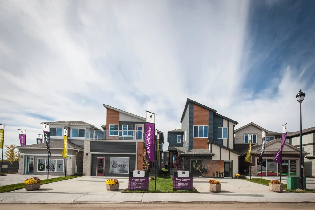 New homes Black Stone with model home signs and flags